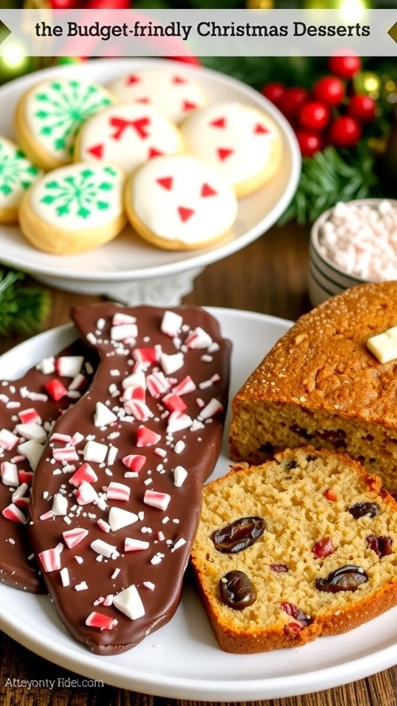 Budget-Friendly Christmas Desserts A variety of affordable Christmas desserts: sugar cookies, peppermint bark, and fruitcake on a festive table.